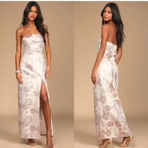 Lulu's Med Redefine Regal Pale Pink Floral Jacquard Strapless Maxi Dress Wedding